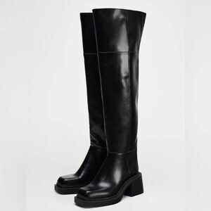 ZARA Women Square Toe Over-The-Knee Thigh High Leather Boots Black US 9 EUR 40